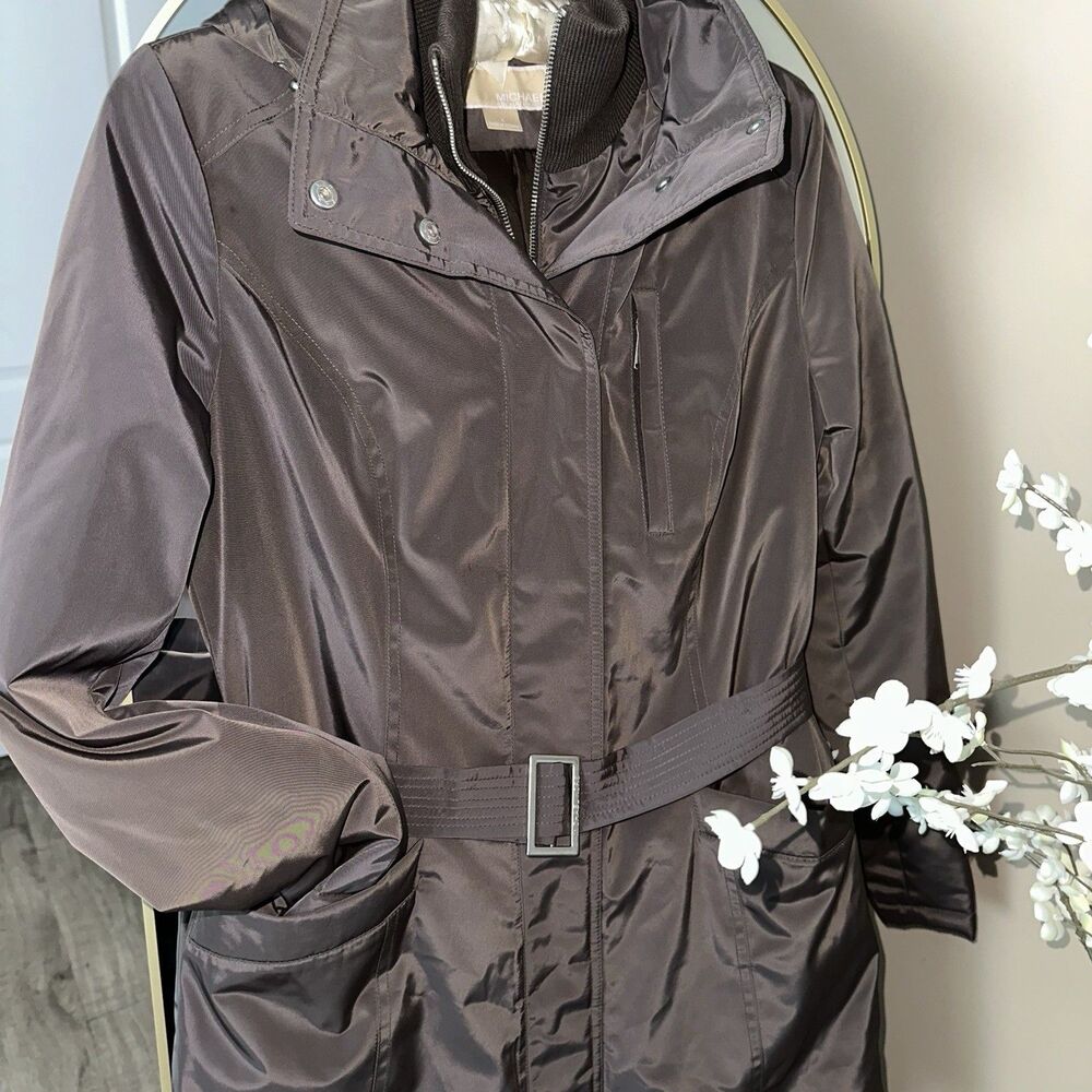Michael Kors Navy Brown Long Length Jacket W/ Removable Hood W/ Fur Parka Puffer - Picture 6 of 12